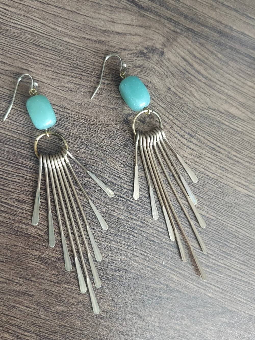 Green Stone Aventurine & Brass Fringe Drop Earrings - Unbranded